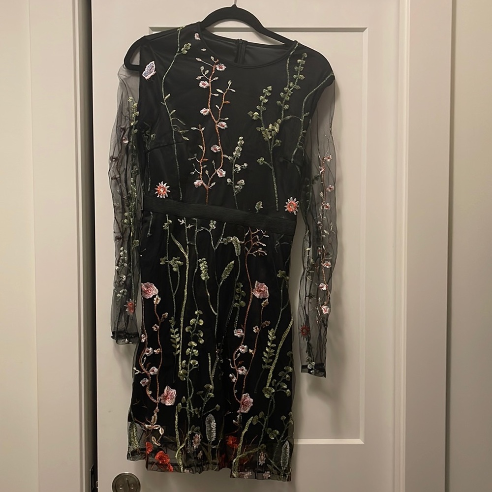 Black floral embroidery dress